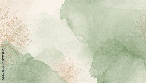 Soft sage green and beige watercolor background featuring artistic brush strokes with delicate golden metallic texture for creative design projects