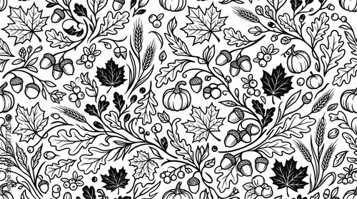 A festive thanksgiving pattern a detailed black and white illustration of autumnal elements and seasonal bounty