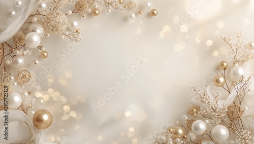 Elegant christmas holiday border background featuring shimmering golden ornaments and white pearls set against soft glowing lights in high resolution