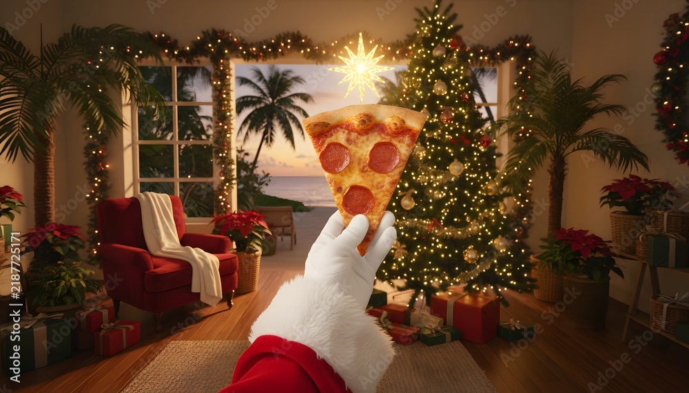 Fototapeta premium Santa Claus hand holding a slice of pepperoni pizza in a tropical Christmas living room