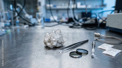 Quartz sample with tweezers, polarizing filters, cryogenic probe, and silica gel packets on an aluminum laboratory workbench.