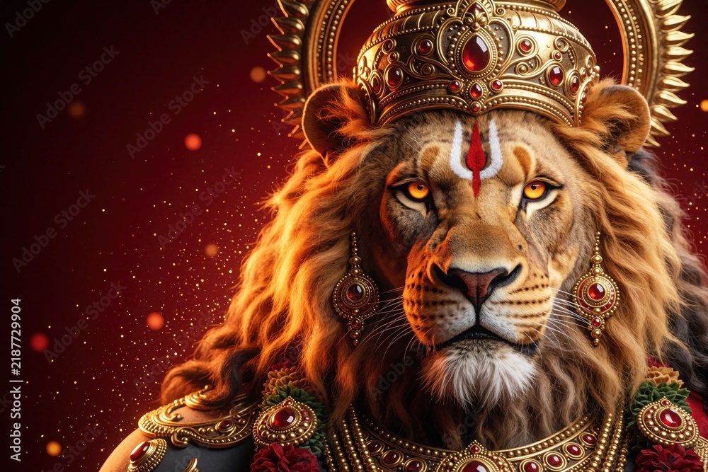 Fototapeta premium Majestic lion wears ornate gold crown and jewelry. Sacred Hindu deity face with tilak mark. Fiery orange mane, piercing eyes, deep red background with bokeh.