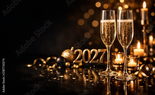 Elegant New Year 2027 celebration with sparkling wine and candlelight