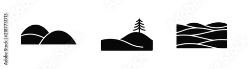 Фотография Set of three black silhouette icons representing hills and landscapes