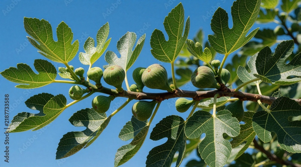 Obraz premium Green fig fruits grow on a branch with large leaves against a clear blue sky. The fruit is unripe and developing on the tree, indicating growth and natural produce.