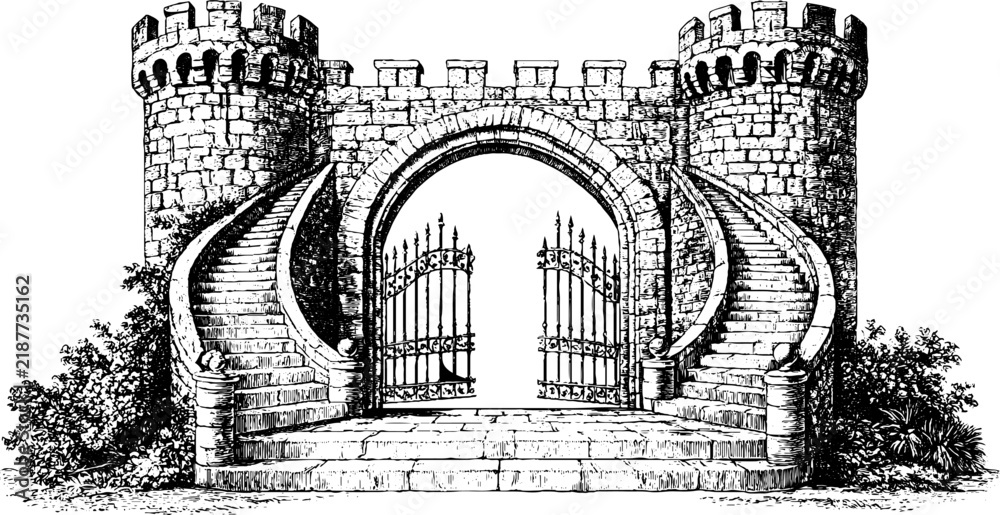 Fototapeta premium Antique castle gate engraving with twin spiral staircases and arched iron entrance for historical background or banner design