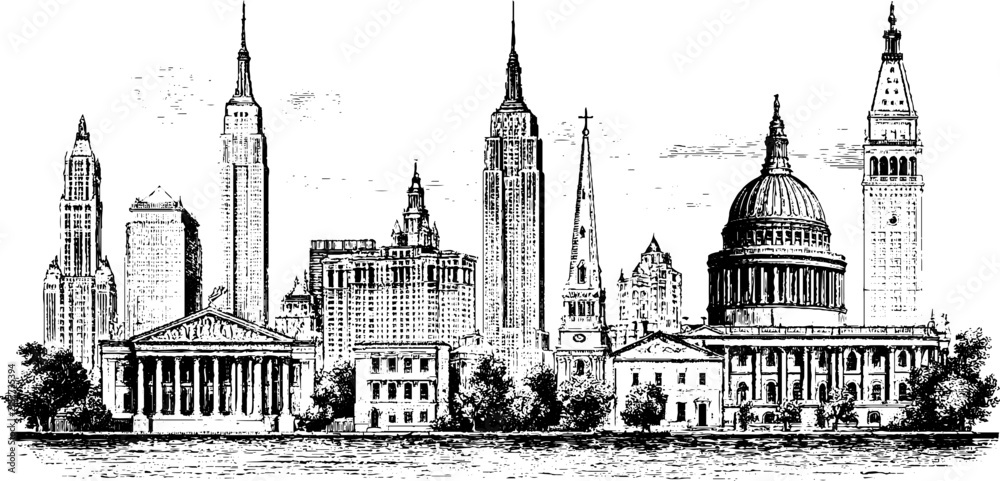 Obraz premium Antique engraved metropolitan skyline background with classical domes and tall skyscrapers for vintage poster design