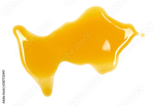 Spilled drops of fresh apple and peach juice isolated on white background, top view