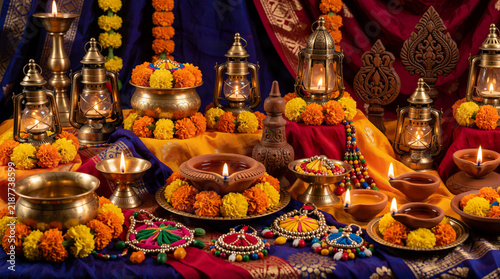 Rich Navratri still life featuring glowing diyas, antique brass, marigolds, carved wood and colorful traditional textiles