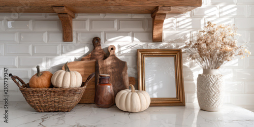 A glossy glass frame leaning on a rustic kitchen wall with pumpkins and dried florals nearby
