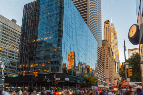 New York City skyscrapers at sunset viewed from the street