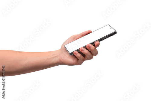 A hand holding an Android smartphone with a blank screen, isolated on a transparent background. Ideal concept for mobile applications, digital communication, and online marketing mockups.