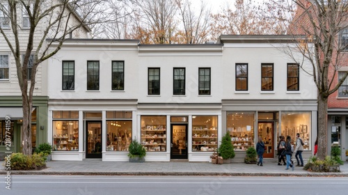 Small business storefront with large windows displaying merchandise, surrounded by autumn trees and pedestrians walking along the sidewalk in a quaint shopping district
