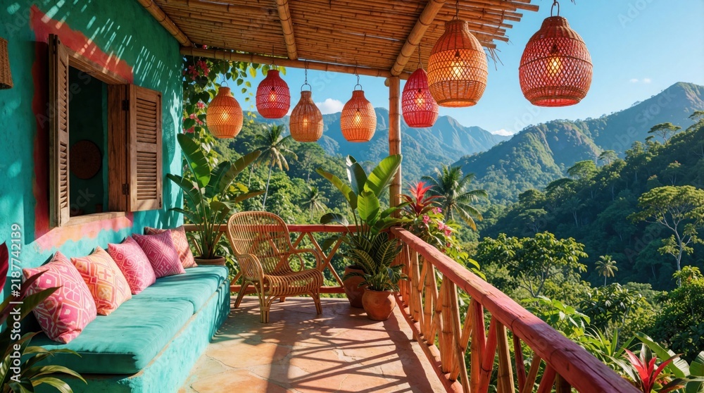 Obraz premium Tropical balcony offers mountain panorama. Wicker chair and sofa await, bamboo lamps glow. Lush jungle view creates relaxing oasis. Perfect for vacation home decor inspiration.