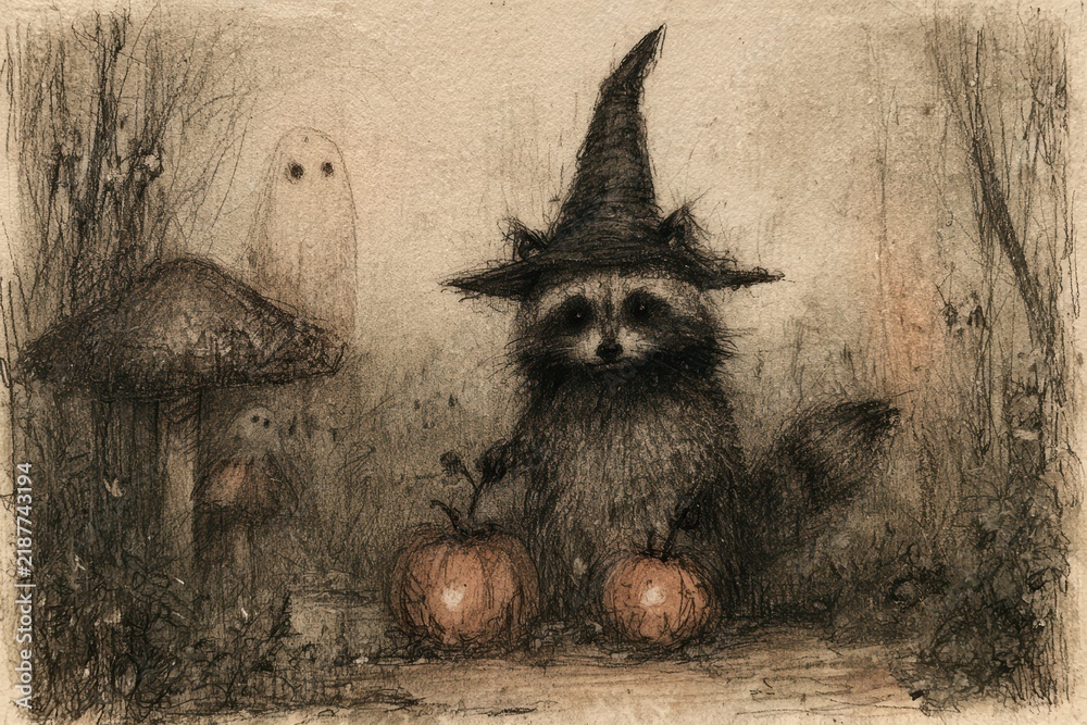 Fototapeta premium Raccoon in witch hat with pumpkins, hovering ghosts, eerie forest, whimsical illustration