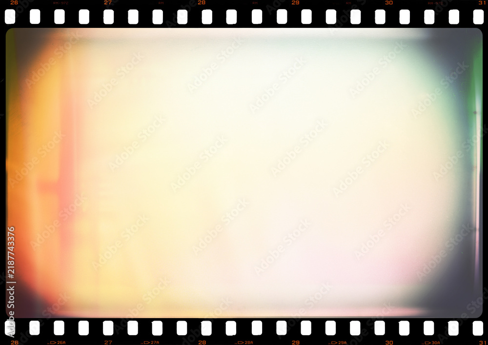 Obraz premium 35mm photo film strip vignette template with light leak, dusts and scratches, A4 aspect ratio red glare page template with transparent background (PNG image) 