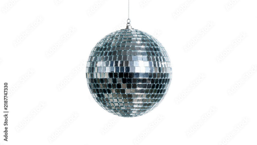 Obraz premium Shiny silver disco ball covered in small square mirrors, isolated on transparent background