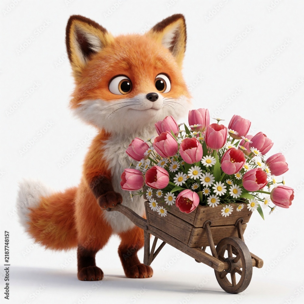 Obraz premium Cute cartoon fox pushes wheelbarrow full of pink tulips, daisies. Adorable animal character with fluffy tail carries fresh blooming spring flowers. Furry fox enjoys gardening, nature. Fun
