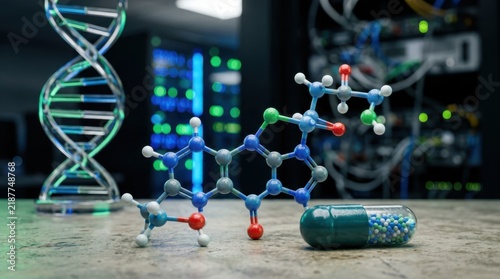 AI drug discovery concept with molecular model  capsule  dna helix sculpture  and server rack lights for pharmaceutical research.