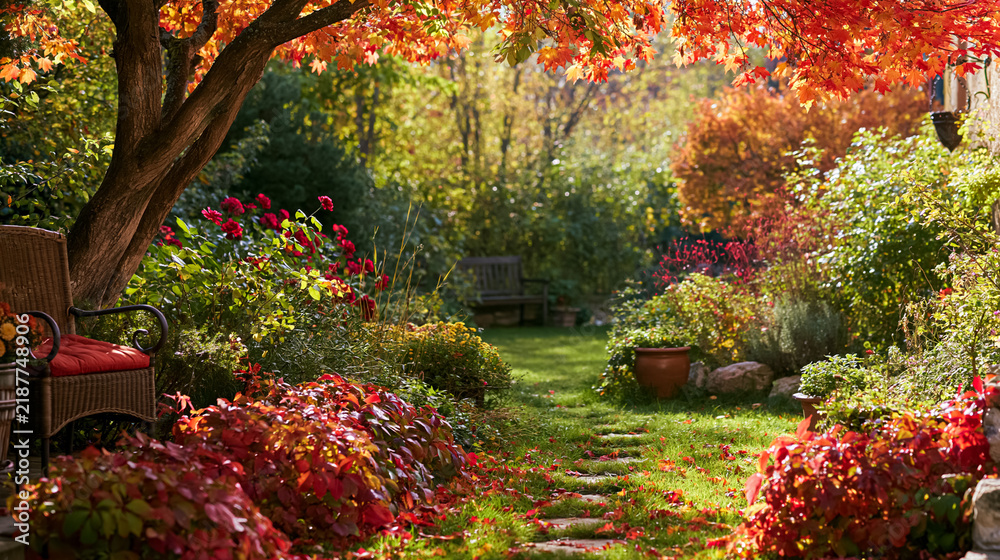 Obraz premium Autumn garden path winding through vibrant fall foliage and rustic backyard plants creating a peaceful seasonal scene