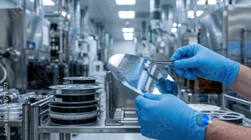 Gloved hands lifting a silicon wafer beside component reels, shipping containers, and a clean fabrication aisle