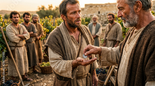 The landowner pays each worker one denarius. Those who work longer grumble because they want more.