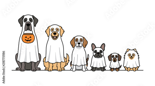 Halloween Dogs in Costume: A collection of dog breeds, from Great Dane to Pomeranian, are dressed in ghost costumes for Halloween, creating a cute and playful seasonal display.