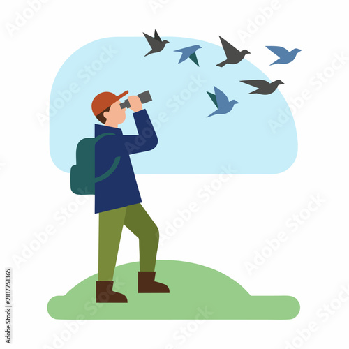 Birdwatcher Observing Birds in Nature Flat Illustration