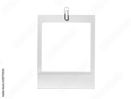 Vintage Instant Polaroid Photo Frame with Matte White Cardboard Border and Dark Grey Steel Paperclip Isolated on Transparent Background