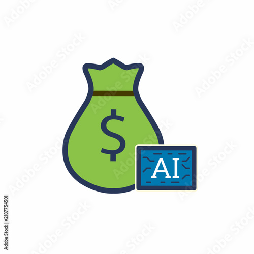 Green money bag with dollar symbol next to AI processor chip for fintech concept