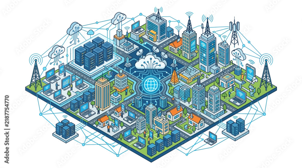 Fototapeta premium Isometric smart city with digital connectivity and cloud technology