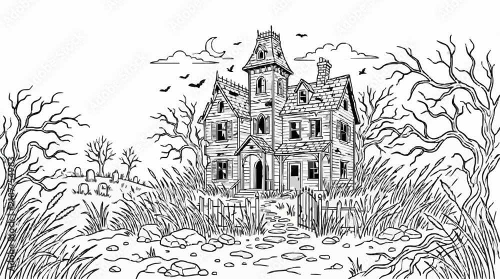 Naklejka premium A spooky haunted house with dead trees and a graveyard under a cloudy sky, perfect for Halloween-themed art and coloring pages