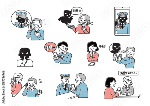 電話による送金詐欺や警察官を装う特殊詐欺と被害防止のイラストセット