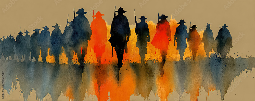 Obraz premium Cowboy outlaws walking in western watercolor sunset. Ia