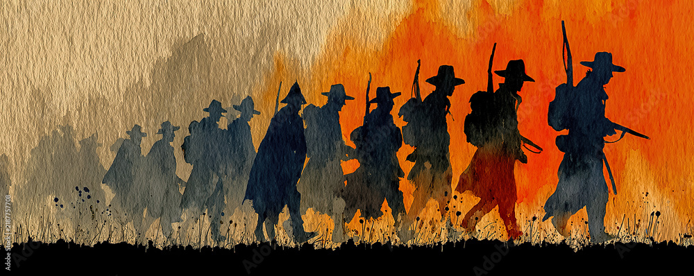 Obraz premium Soldiers marching into war fire watercolor illustration. Ia