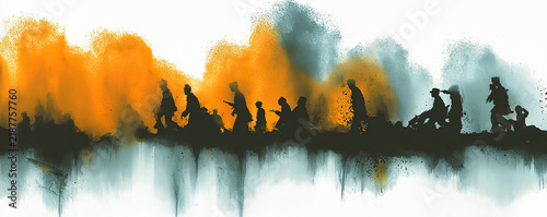 Obraz na płótnie Soldiers battling during war with watercolor explosion effect. Ia