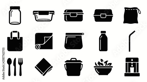 Eco-friendly Sustainable Living Icons Collection Featuring Reusable Food Containers and Waste Reduction Kitchen Essentials for Zero Waste Lifestyle