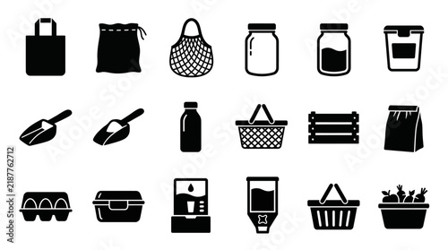Set of Sustainable Packaging and Zero Waste Shopping Vector Icons for Eco Friendly Grocery and Reusable Storage Solutions