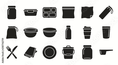 Zero waste lifestyle vector icons set featuring reusable food containers jars bags and kitchenware for sustainable plastic free living collection