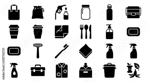 Vector icon collection featuring eco-friendly lifestyle objects and zero waste household items for sustainable living design projects