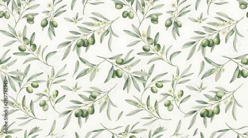 Watercolor olive branch seamless pattern with green leaves and olives on white background