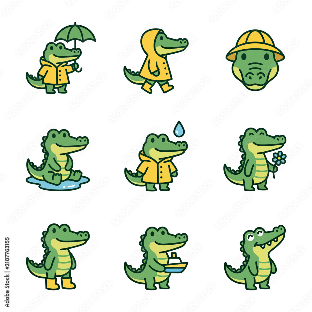 Fototapeta premium Green crocodile mascot wearing yellow raincoat and hat.