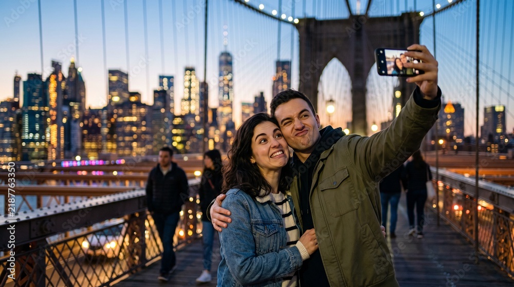 Obraz premium Couple takes a selfie on Brooklyn Bridge with New York City skyline at dusk
