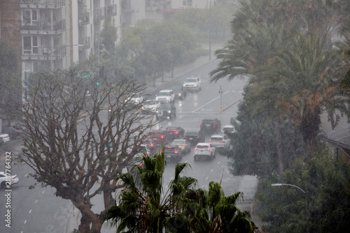 Fotografie Heavy Rain Along Admiralty Way in Marina del Rey