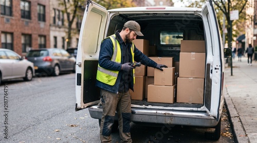 Delivery driver scanning packages from van on urban street with parked cars and buildings