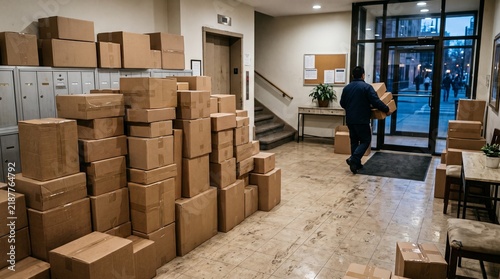 Man Carrying Cardboard Boxes into Apartment Building Lobby with Mailboxes and Elevator