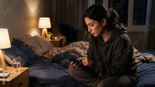 Woman in Bed at Night Using Smartphone with Glowing Green Dots on Screen