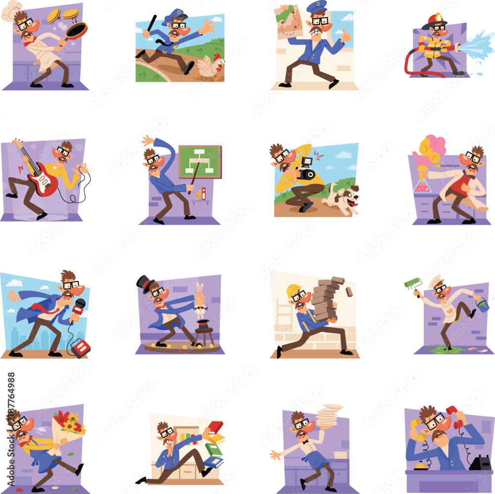 Fototapeta premium Professional character illustrations covering culinary, public service, aviation, entertainment, education, science, construction, creative, and office careers