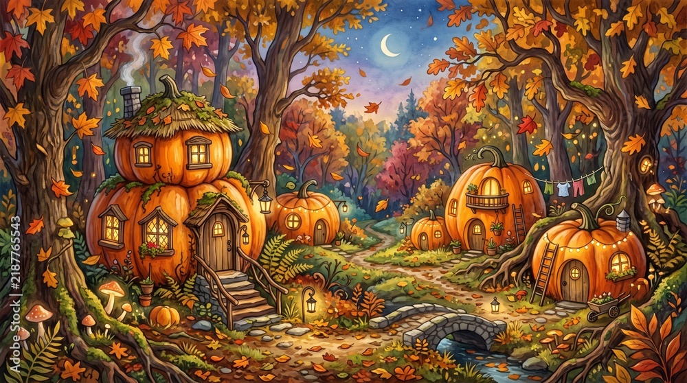 Fototapeta premium Pumpkin village autumn forest