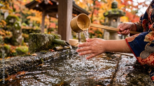 Plakat w ramie 神社の手水舎で手を清める子どもの手元のクローズアップ（AI生成画像） 